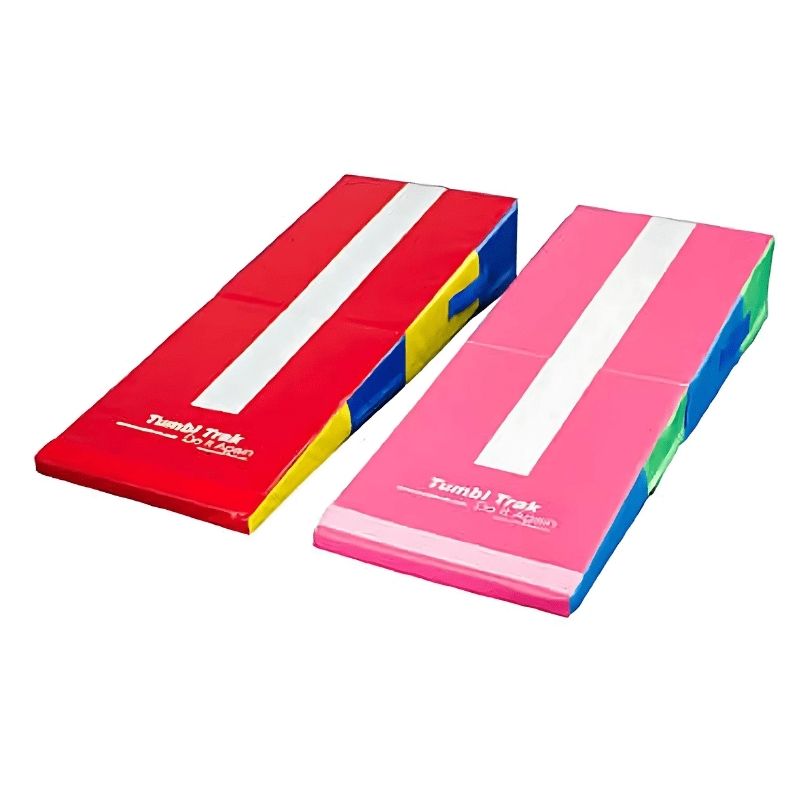 Tumbl Trak Folding Mini Ramp open as a gymnastics incline showing the 4ft x 18in x 8in profile, white centreline guide, and 18 oz. vinyl surface for preschool and beginner tumbling