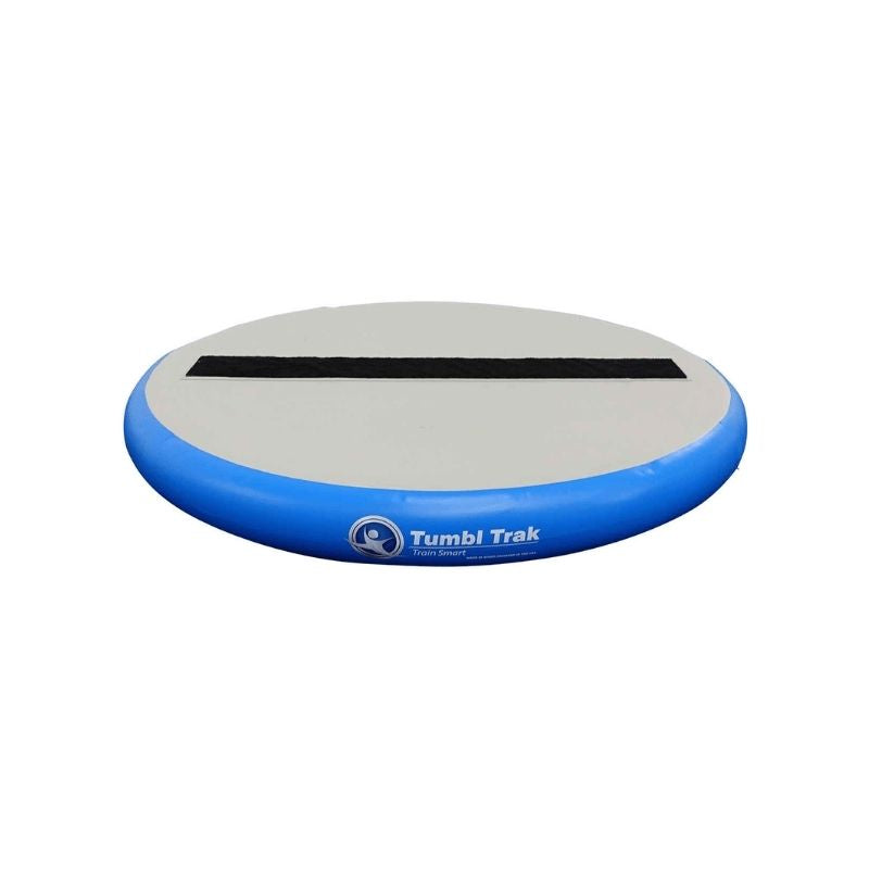 Tumbl Trak Hot Spot 3ft diameter in blue showing the circular inflatable bounding disc profile and 4-inch loop Velcro line used as a portable punch front, aerial, back tuck, and jump training station in gymnastics clubs and cheer programmes