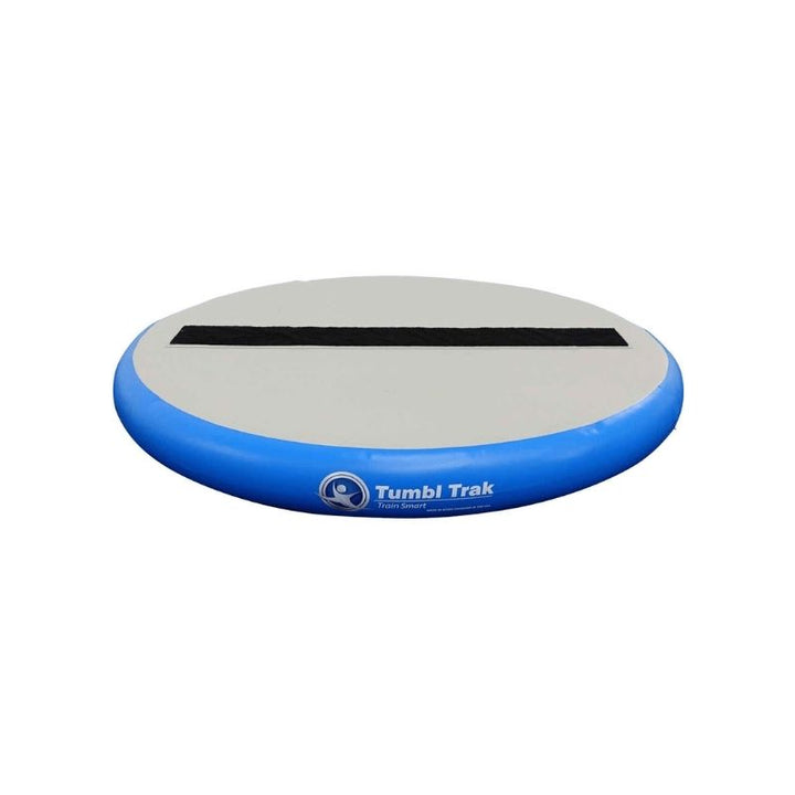Tumbl Trak Hot Spot 3ft diameter in blue showing the circular inflatable bounding disc profile and 4-inch loop Velcro line used as a portable punch front, aerial, back tuck, and jump training station in gymnastics clubs and cheer programmes