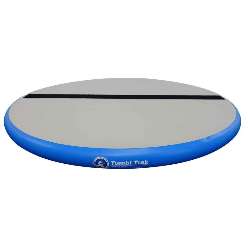 Tumbl Trak Hot Spot 5ft diameter in blue showing the full circular profile of the larger inflatable gymnastics and cheer jump training disc, 4 inches thick with 4-inch loop Velcro line for compatible Tumbl Trak teaching accessories
