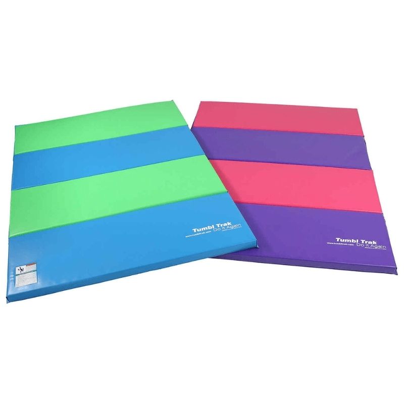 Tumbl Trak Jack and Jill Mats showing both variants side by side - Jack in Lime Green and Light Blue and Jill in Pink and Purple - the 6x4ft dual-layer foam early years gymnastics mat for rolls, cartwheels, and active play