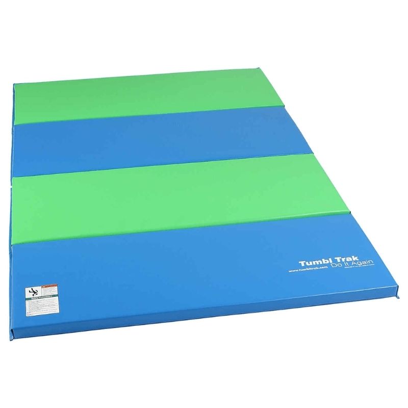 Tumbl Trak Jack Mat in Lime Green and Light Blue showing the full 6x4ft gymnastics mat landscape view with 18 oz. vinyl cover and four 18-inch folding panels for compact storage in early childhood classrooms and home play spaces