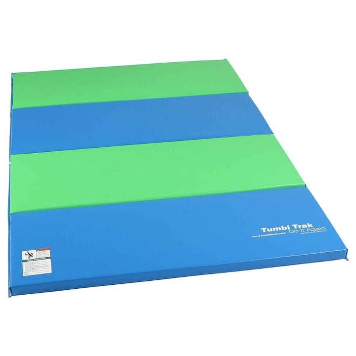 Tumbl Trak Jack Mat in Lime Green and Light Blue showing the full 6x4ft gymnastics mat landscape view with 18 oz. vinyl cover and four 18-inch folding panels for compact storage in early childhood classrooms and home play spaces