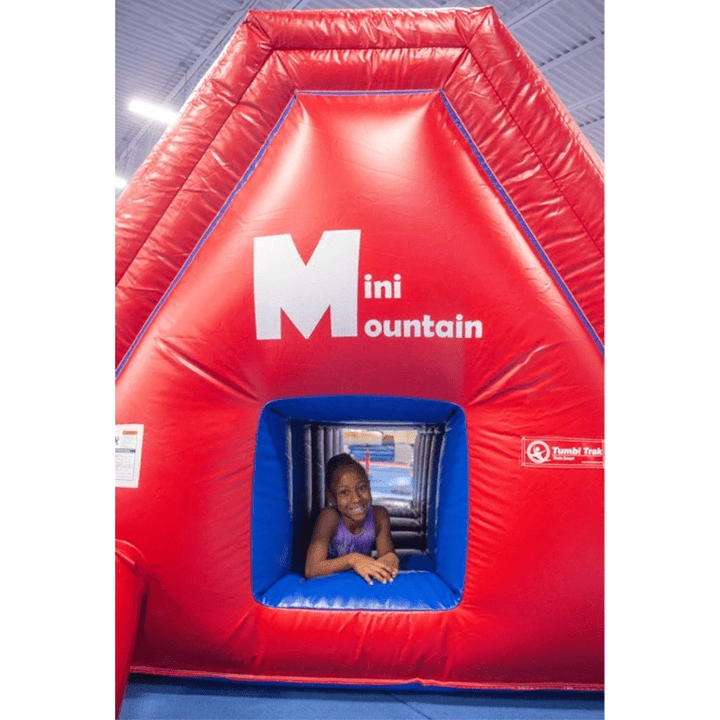 Children actively using the Tumbl Trak Mini Mountain inflatable gymnasium play station, demonstrating gross motor development, upper body strength on the cargo net, and the Four Fun Groups activity concept in a commercial gymnastics setting