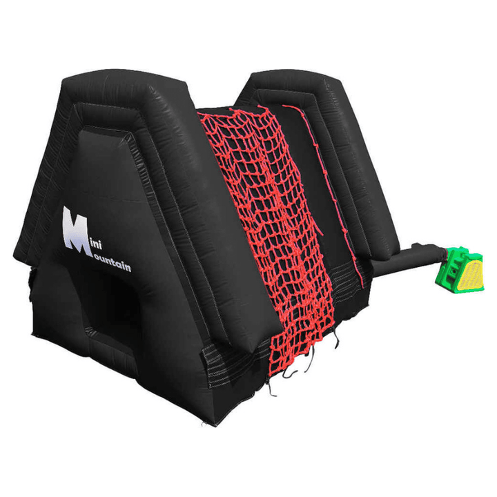 Tumbl Trak Mini Mountain in black showing the full inflatable gymnasium play station profile with 24-inch raised edges, tunnel opening, and cargo net climbing surface for the Four Fun Groups of bouncing, climbing, sliding, and tunneling