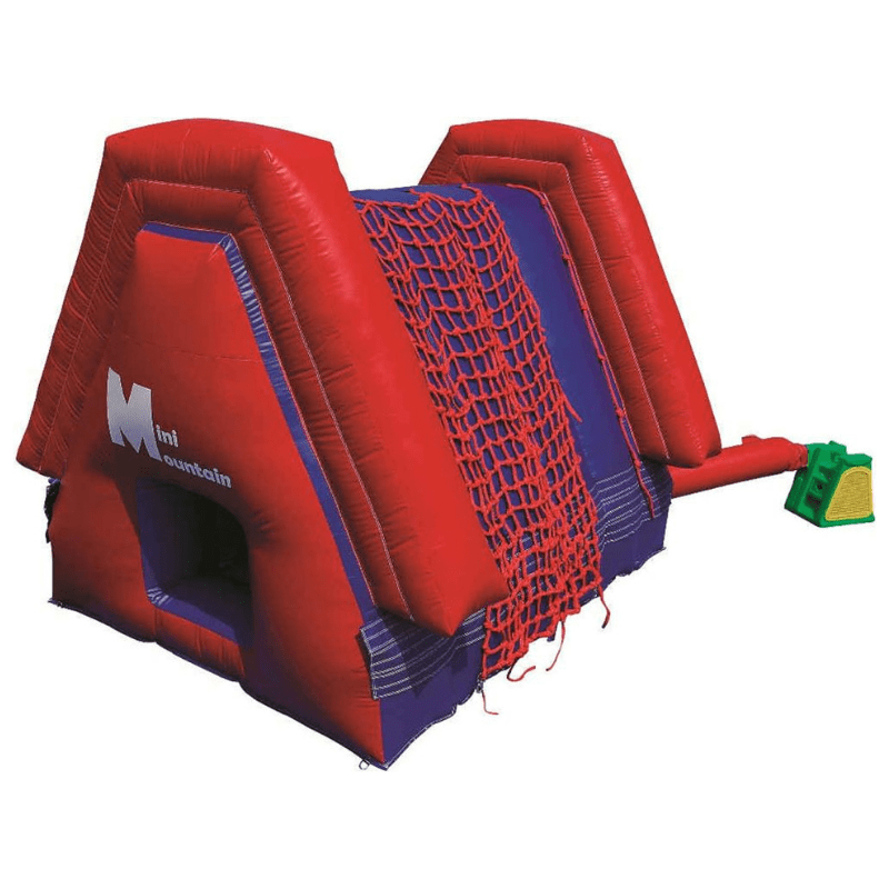 Tumbl Trak Mini Mountain in red showing the full 9x6x6ft inflatable indoor play station with built-in tunnel, cargo net, and climbing rope, designed to attach to the Tumbl Trak Air Trak for gymnastics clubs and recreational programmes