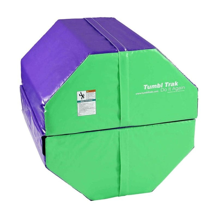 Tumbl Trak Octagonal Tumbler in green and purple colourway showing the curved octagonal foam profile and webbing handles for easy transport between gymnastics training stations