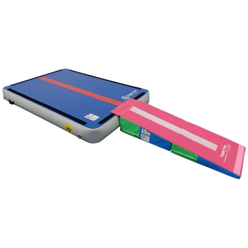 Tumbl Trak Power Launch inclined using D-rings showing the tilted climbing surface position for gymnastics skill training and vestibular therapy work