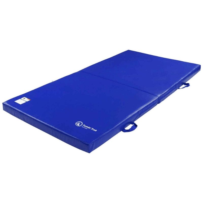 Tumbl Trak Practice Mats in Blue showing the gymnastics skill cushion and landing mat with 18 oz. knife-coated vinyl construction and dual-density foam available in four sizes from 4x6ft to 5x10ft