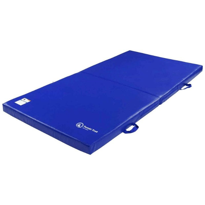 Tumbl Trak Practice Mats in Blue showing the gymnastics skill cushion and landing mat with 18 oz. knife-coated vinyl construction and dual-density foam available in four sizes from 4x6ft to 5x10ft