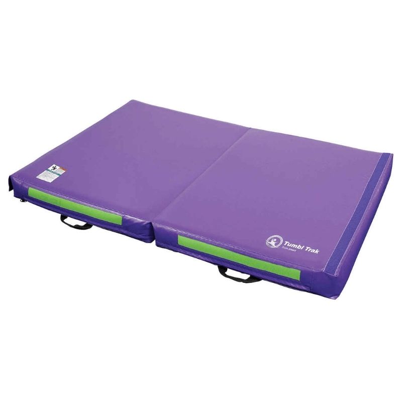 Tumbl Trak Practice Mats in Purple and Lime Green showing the dual-colour gymnastics landing mat with Smart Mat Technology including reinforced handles and non-skid bottom for club and home training use