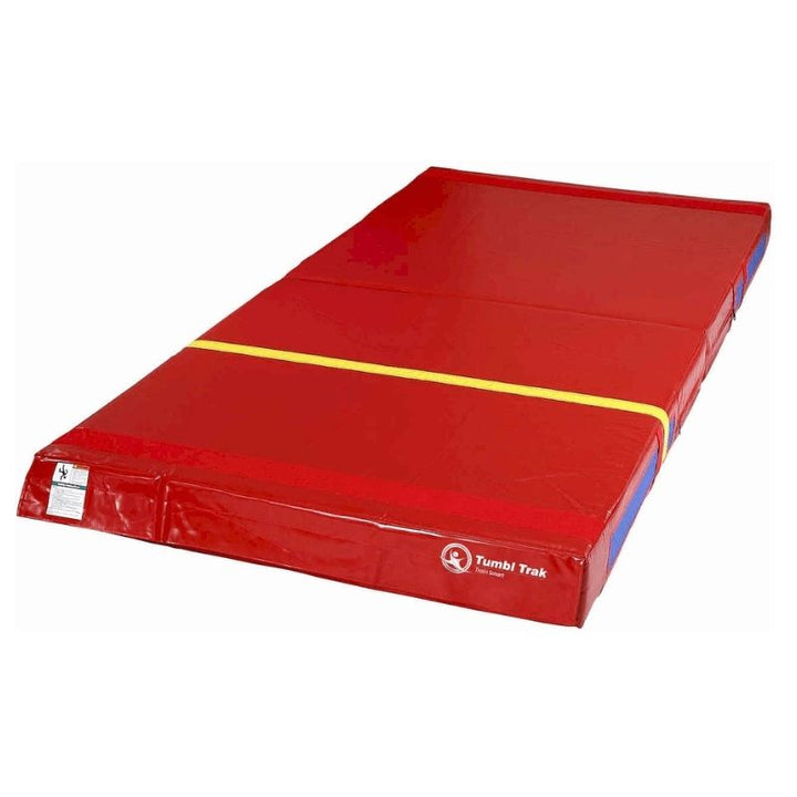 Tumbl Trak Practice Mats in Red showing the gymnastics landing mat construction detail including the 18 oz. knife-coated vinyl surface and commercial-grade foam cushioning for the 4ft x 8ft x 8in or 5ft x 10ft x 8in sizes