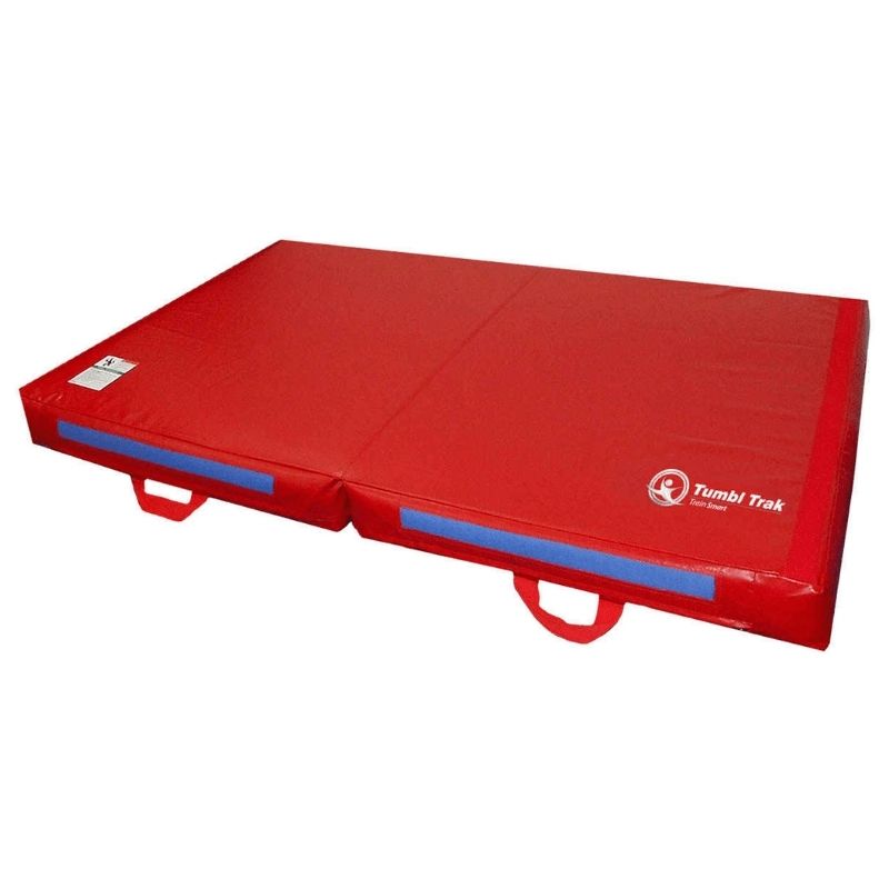 Tumbl Trak Practice Mats in Red and Royal Blue showing the 4ft x 6ft x 6in gymnastics crash mat with 18 oz. knife-coated vinyl, reinforced handles, and non-skid base for gymnastics clubs and school PE programmes