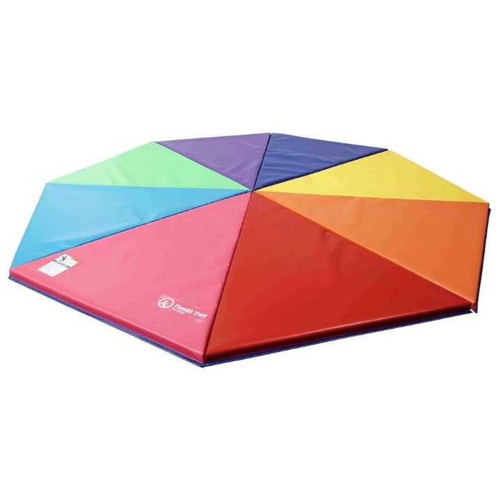 Tumbl Trak Rainbow Pizza Mat 8-foot diameter version assembled as a complete circle showing the larger format with 4ft x 41in wedge segments for gymnastics clubs, school PE programmes, and high-traffic classroom environments