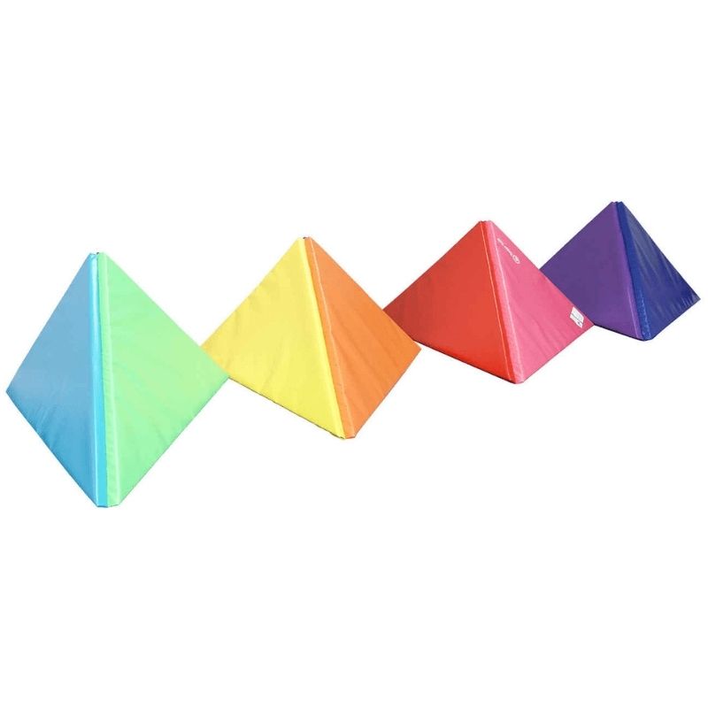 Four Tumbl Trak Rainbow Pizza Mat wedge segments stood upright as pyramid incline shapes, demonstrating the standing pyramid configuration used for rolling progressions, handstand drills, and beginner gymnastics tumbling activities