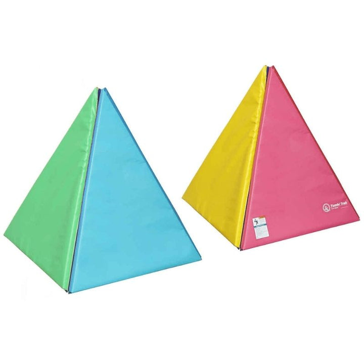 Two Tumbl Trak Rainbow Pizza Mat wedge segments stood upright as matched triangular pyramid inclines, showing the pair configuration used for gymnastics skill progressions including rolls over the incline and beginner tumbling drills