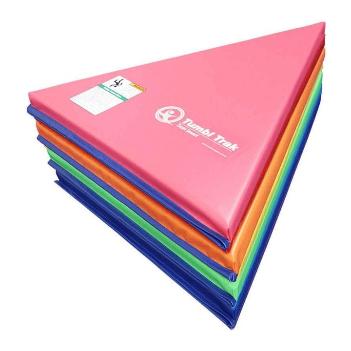 Tumbl Trak Rainbow Pizza Mat showing the eight individual rainbow-coloured pie-shaped foam wedge segments stacked together, demonstrating the separated configuration used for obstacle courses, tumbling pathways, and standalone mat stations