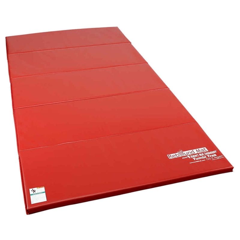 Tumbl Trak Rebound Mat in Red showing the full 5x10ft dual-layer foam tumbling and stunting mat in landscape view, Tumbl Trak's thickest tumbling mat with four-sided Velcro for end-to-end and side-by-side cheer stunting connections