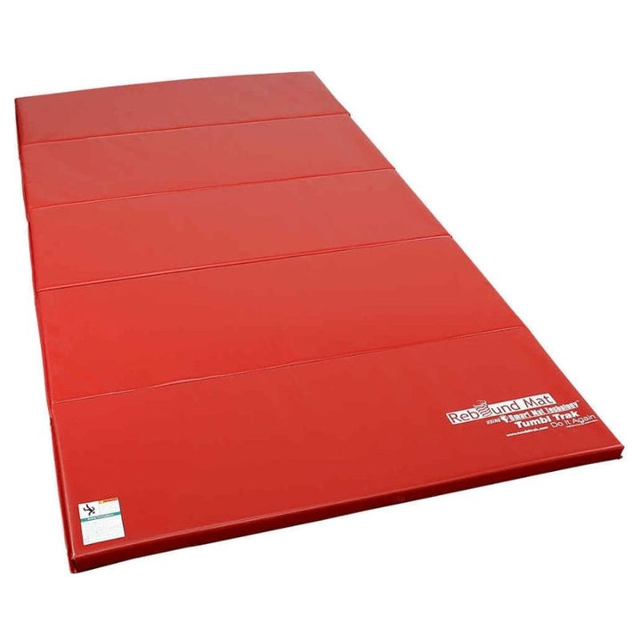 Tumbl Trak Rebound Mat in Red showing the full 5x10ft dual-layer foam tumbling and stunting mat in landscape view, Tumbl Trak's thickest tumbling mat with four-sided Velcro for end-to-end and side-by-side cheer stunting connections
