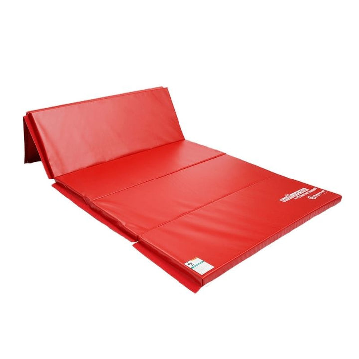 Tumbl Trak Rebound Mat in Red second landscape view showing the five 2-foot-wide folding panels that allow the 5x10ft dual-layer gymnastics mat to fold compactly for storage and transport