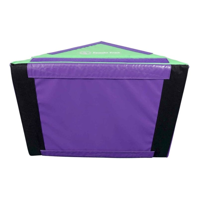 Tumbl Trak Slanted Ninja Steps in Purple and Green colourway showing the full pair in landscape view, available as a configurable foam ninja obstacle course set for gymnastics clubs and indoor play spaces