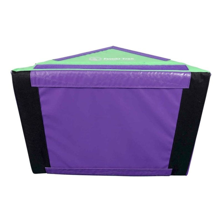 Tumbl Trak Slanted Ninja Steps in Purple and Green colourway showing the full pair in landscape view, available as a configurable foam ninja obstacle course set for gymnastics clubs and indoor play spaces