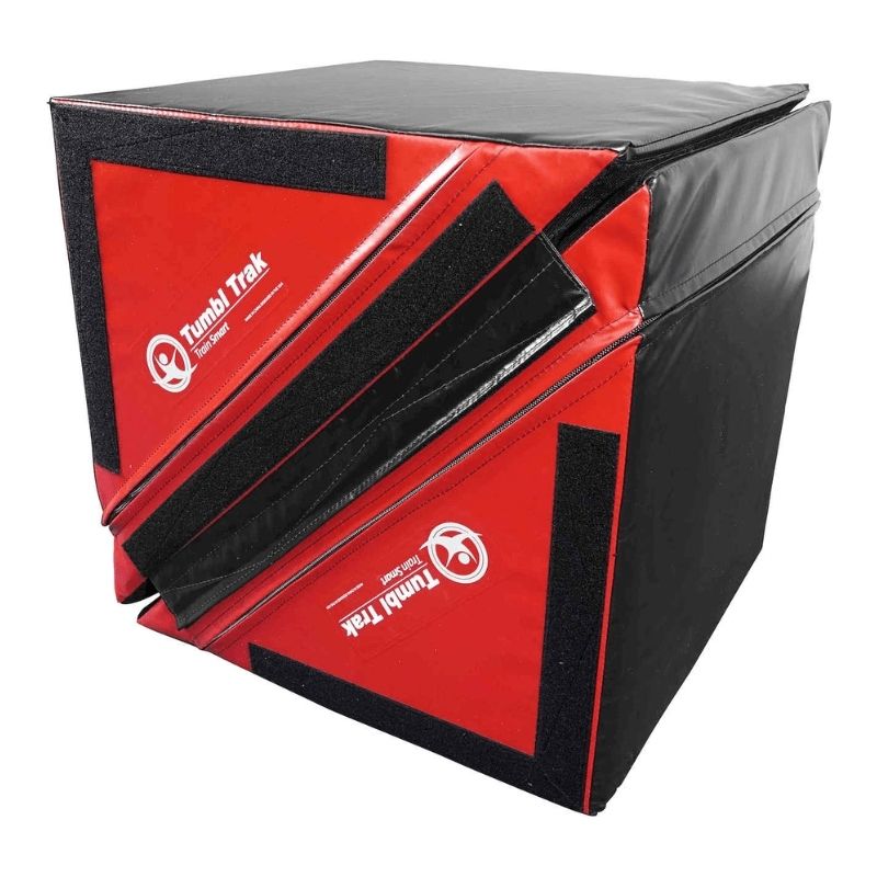 Tumbl Trak Slanted Ninja Steps in Red and Black colourway showing the full pair in landscape orientation, demonstrating the firm crosslink foam ninja obstacle steps available for indoor gymnastics and ninja training