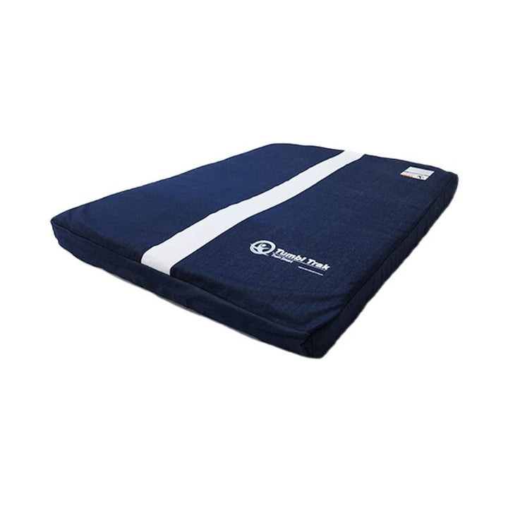 Tumbl Trak Soft Topper Denim Mat 4ft length showing the 3ft-wide, 4-inch PU foam mat with denim cover, used as a sting-protection topper on gymnastics practice mats, Smart Spotting Blocks, and home bar stations