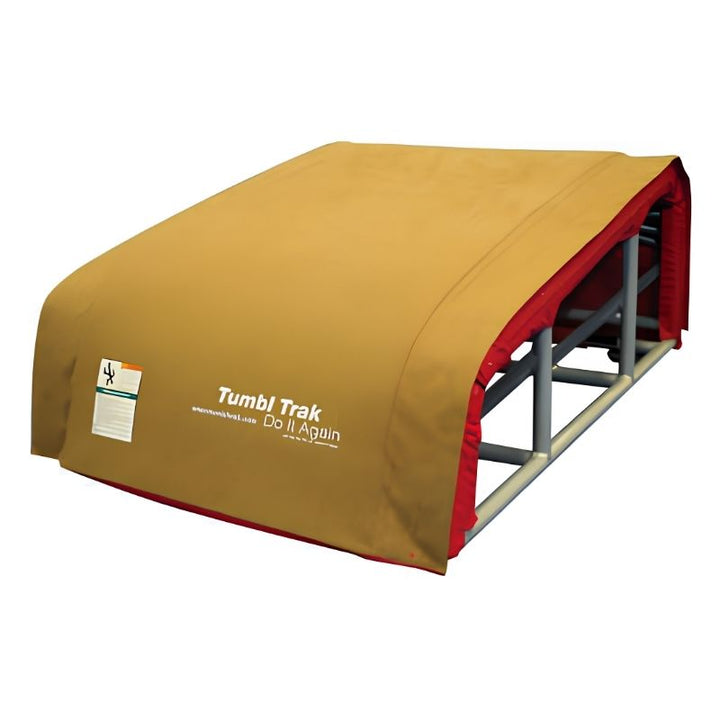 Tumbl Trak T-Trainer with the optional Cover PRO fully installed, showing the tan suede surface that replicates a traditional gymnastics vault table for confidence-building skill progressions