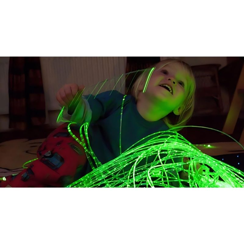 UFO MicroLED 4000 fibre optic sensory light in a therapy setting, showing colour-changing tails for calming and sensory regulation