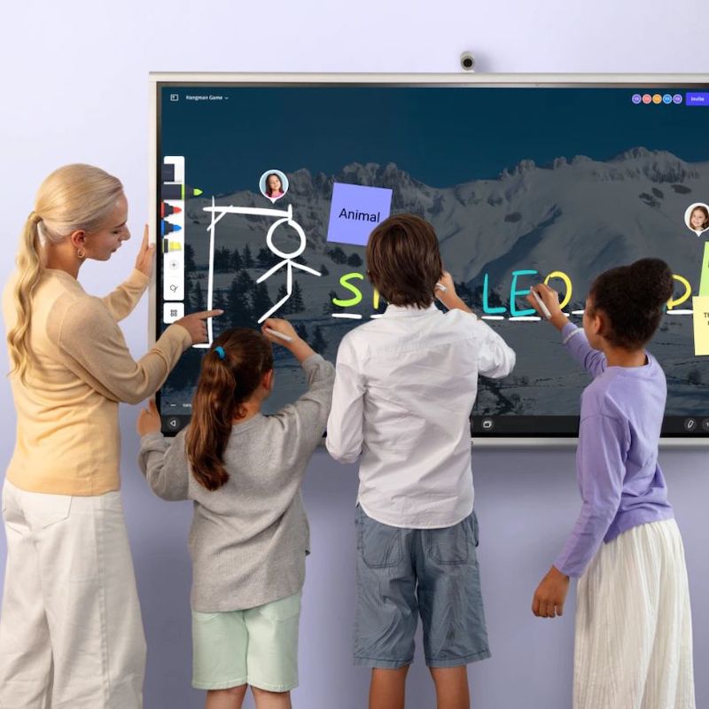 Vibe Board S1 interactive whiteboard in collaborative work use showing the Vibe Canvas real-time cloud-based whiteboarding app for team collaboration in classrooms and meeting rooms