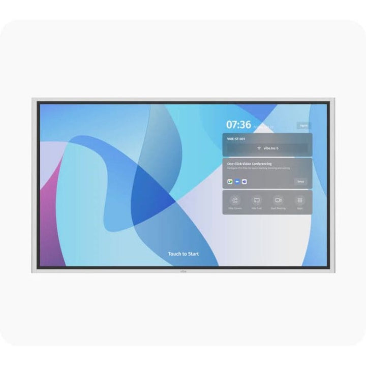 Vibe Board S1 all-in-one interactive display clean front view with blue screen showing the display quality, contrast ratio, and ChromeOS VibeOS interface of the 4K whiteboard