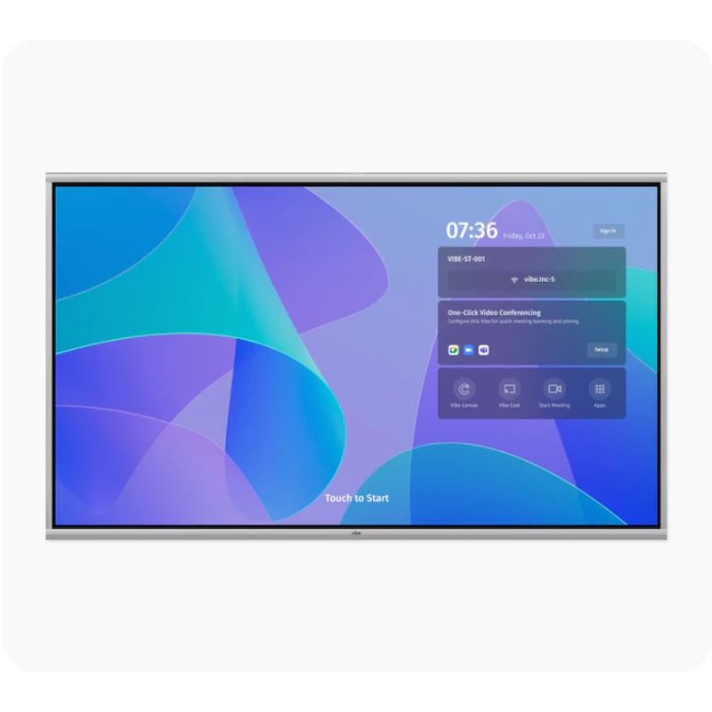 Vibe Board S1 all-in-one interactive whiteboard clean front view with purple screen demonstrating the 10-bit colour depth and 4,000:1 contrast ratio of the 4K UHD display