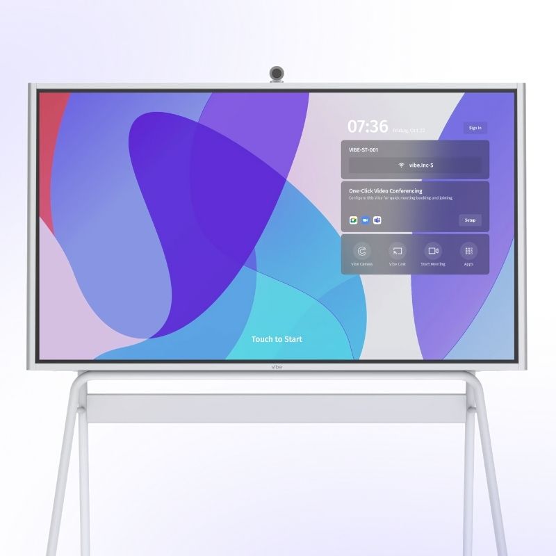 Vibe Board S1 all-in-one 4K interactive display and whiteboard clean front view showing the 20-point touch surface and ChromeOS-based VibeOS for classrooms and meeting rooms