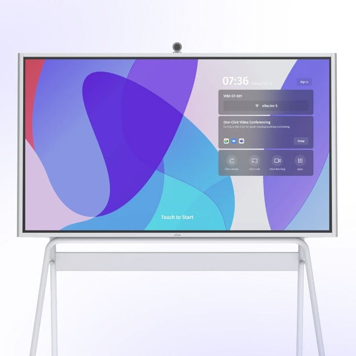 Vibe Board S1 all-in-one 4K interactive display and whiteboard clean front view showing the 20-point touch surface and ChromeOS-based VibeOS for classrooms and meeting rooms