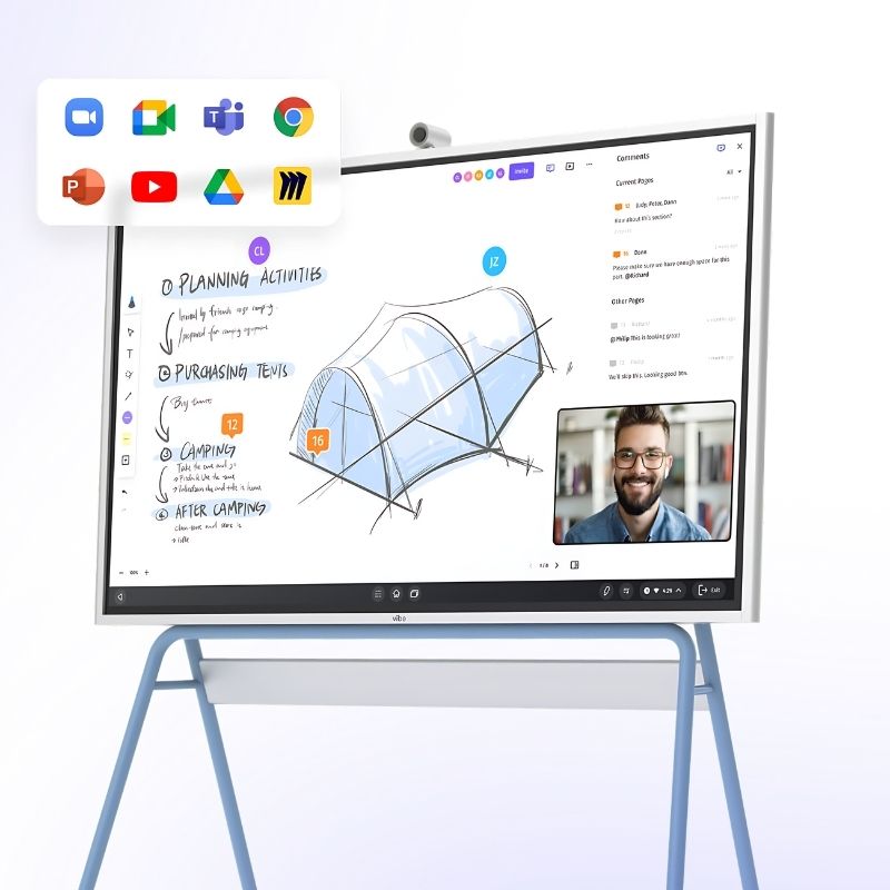 Vibe Board S1 all-in-one interactive display and whiteboard landscape view showing the slim profile and anti-glare 4mm tempered glass display surface