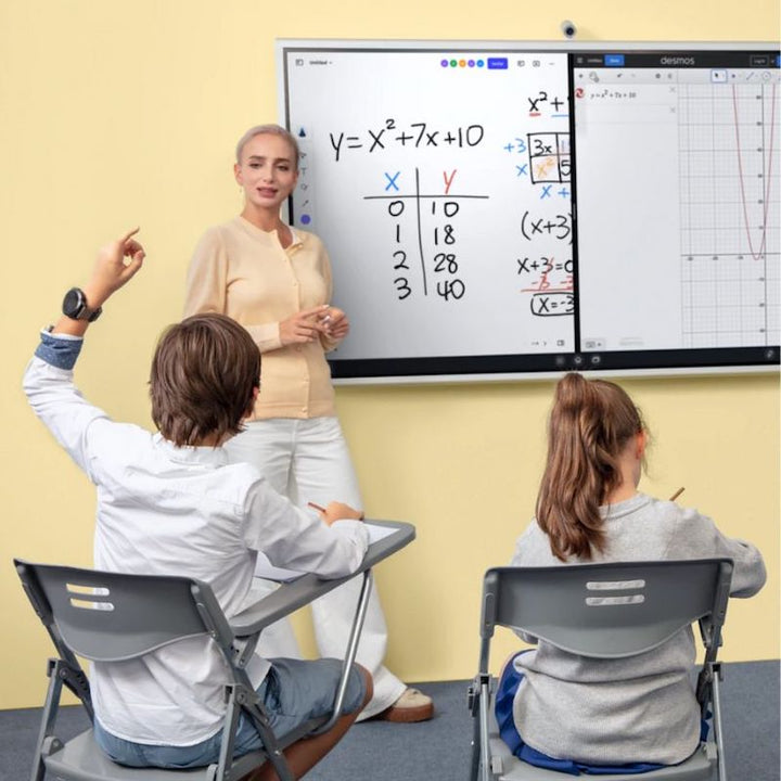 Teacher and students using the Vibe Board S1 interactive whiteboard together, demonstrating the 20-point touch surface for whole-class engagement and inclusive interactive learning