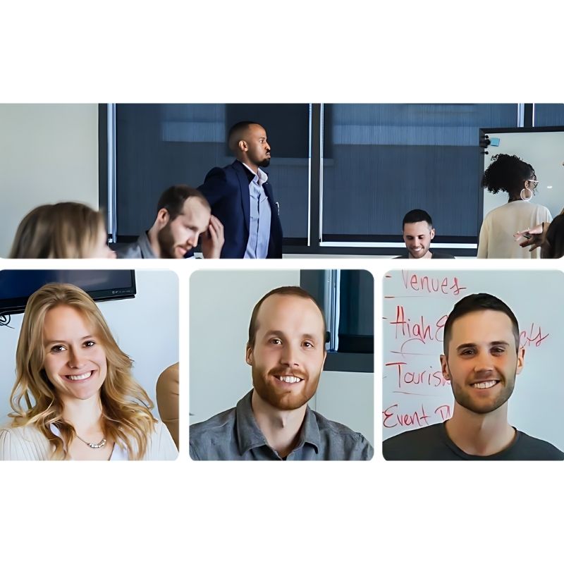 Vibe Smart Camera video output showcase demonstrating the clear 4K image quality, AI auto-framing, and wide field of view for classroom and meeting room video conferencing on the Vibe Board S1