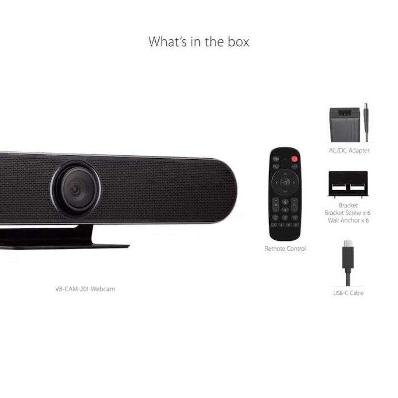 ViewSonic VB-CAM-201 box contents - camera, remote, USB-C cable, mounting bracket