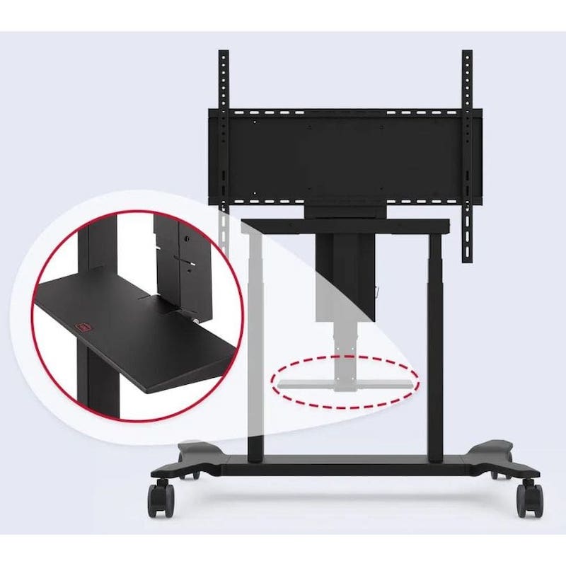 ViewSonic VB-STND-008 motorized display cart built-in storage tray supporting laptop and AV accessories in classroom or clinic setting