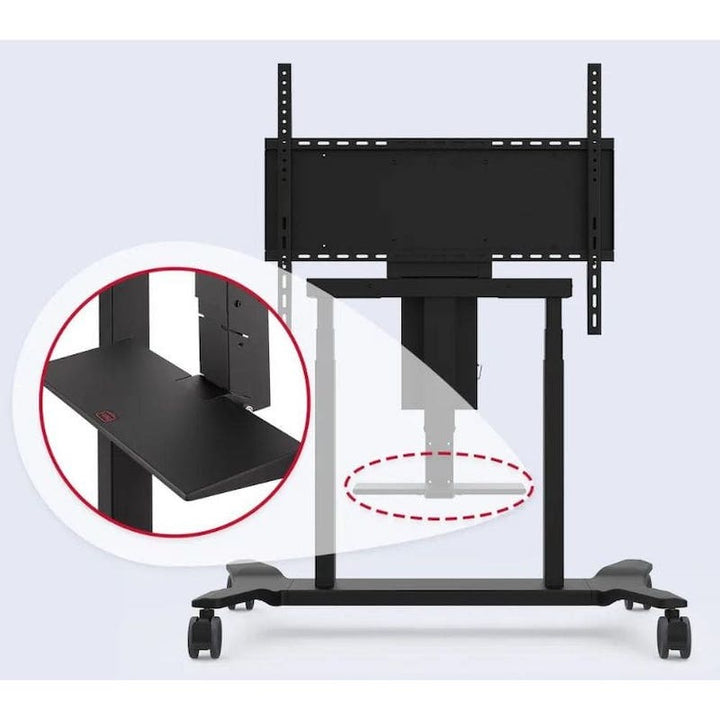 ViewSonic VB-STND-008 motorized display cart built-in storage tray supporting laptop and AV accessories in classroom or clinic setting