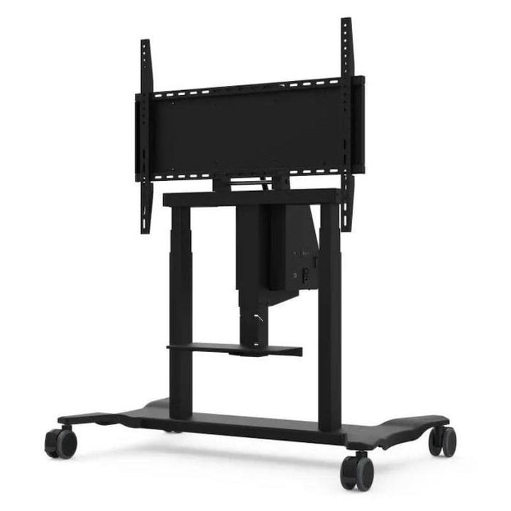 ViewSonic VB-STND-008 motorized display cart front-left view, ADA-compliant mobile stand for ViewBoard interactive displays in schools and clinics