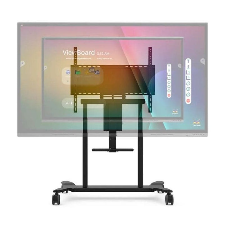 ViewSonic VB-STND-008 motorized cart compatibility diagram showing supported ViewBoard interactive display models from 55 to 86 inches