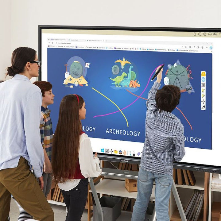 Children writing and drawing on the ViewSonic ViewBoard IFP50 interactive touch screen display, demonstrating 40-point multi-touch collaboration