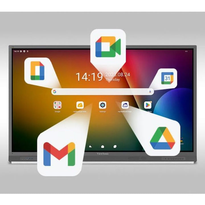ViewSonic ViewBoard IFP52-2ED showing Google Play Store and Android EDLA app integration for classroom and educational use