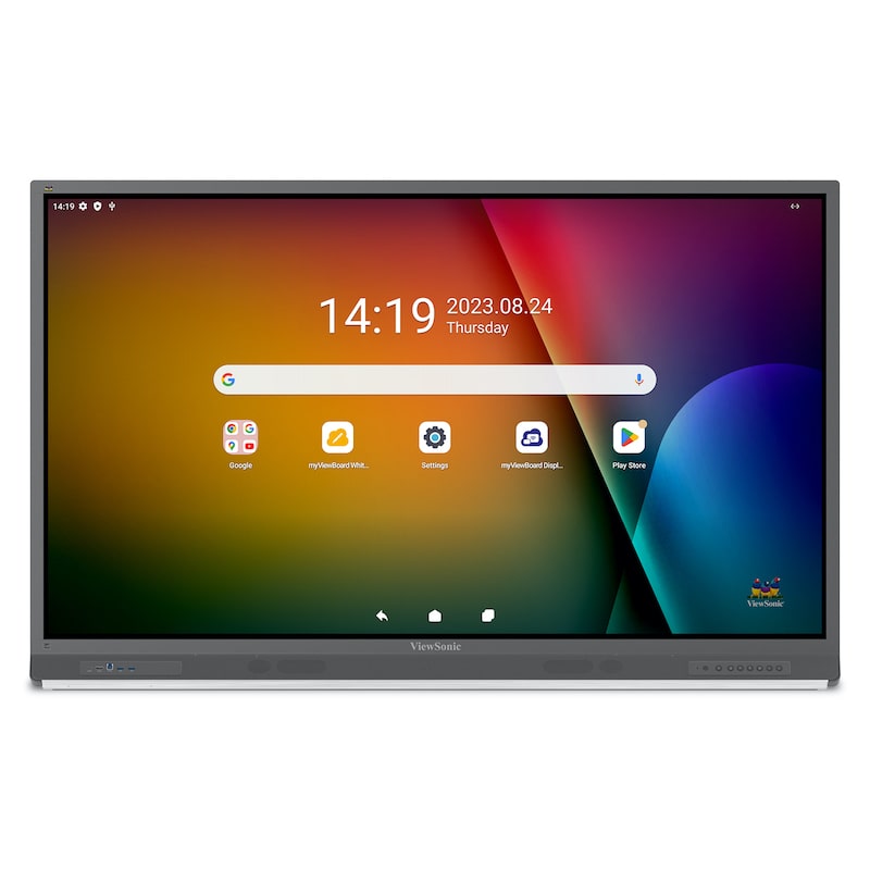 ViewSonic ViewBoard IFP52-2ED 4K interactive display front view, showing the full touchscreen surface and integrated soundbar for classroom use