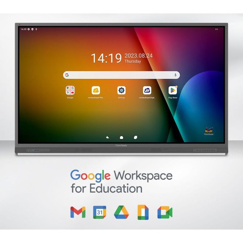 ViewSonic ViewBoard IFP52-2ED 4K display with Google Workspace integration, showing Google Drive and Docs on the interactive touchscreen
