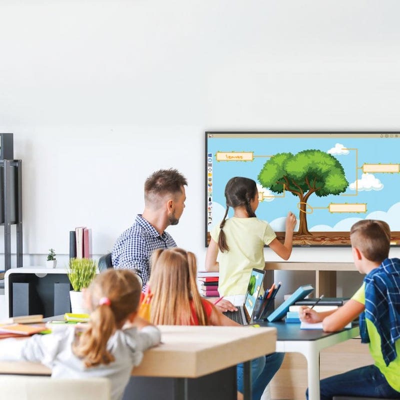 ViewSonic ViewBoard IFPG1 interactive display in use in a school classroom, showing 4K digital whiteboarding for education