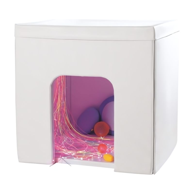 Wesco Sensory Cabin interior filled with sensory accessories showing how the 47-inch foam cabin can be customised as a mini sensory room for schools and therapy settings