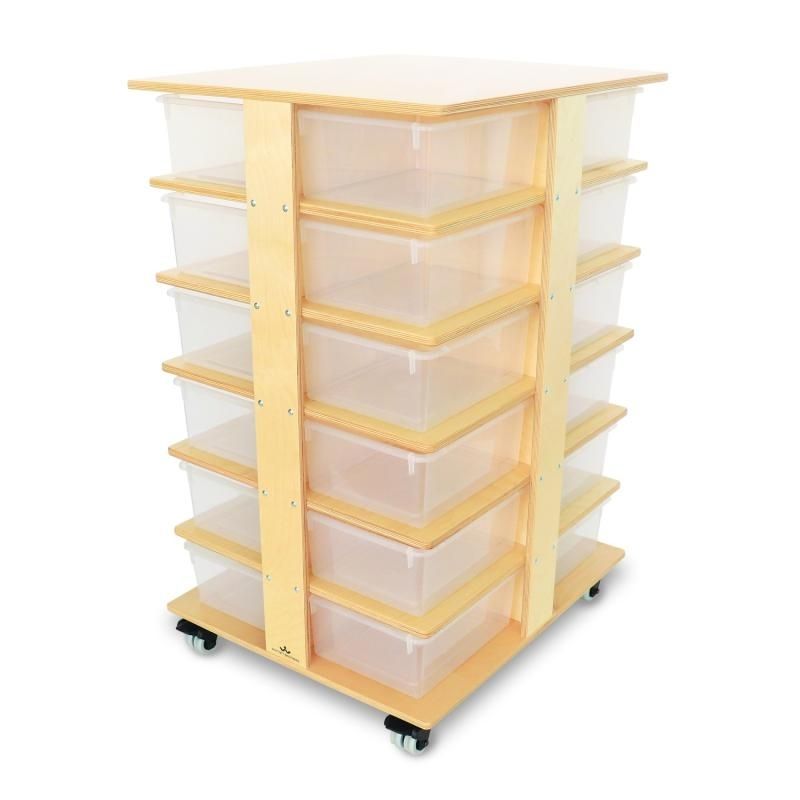Clean product view of the Whitney Brothers 24 Tray Tower WB0702 showing the full vertical mobile classroom storage tower with 24 clear tray compartments and no-visible-screws birch plywood construction